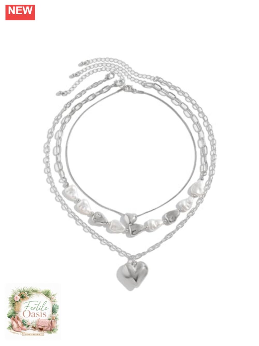 Chunky Puffy Heart Layered Necklaces 14K Gold Plated Multi Chain Pearl Choker